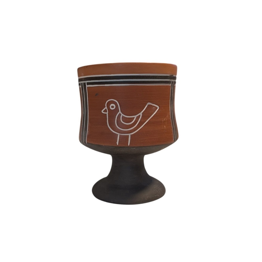 Terracotta Sgraffito Bird Pottery Goblet Folk Art Chalice Pedestal Handmade Boho